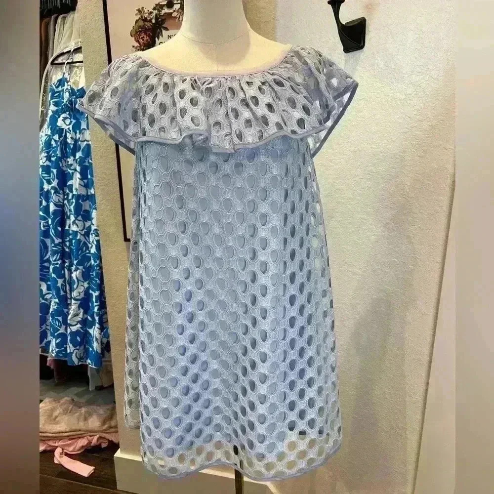 Above Mediocre Taste Baby Blue Eyelet Off The Shoulder A-line Dress- Size Small - Picture 5 of 9